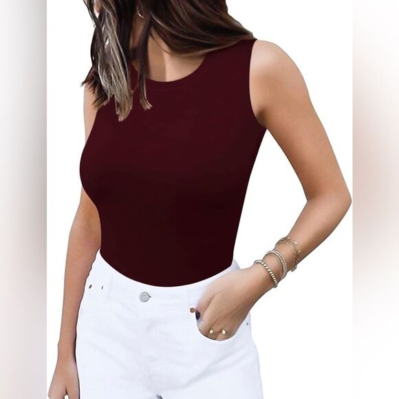 Sleeveless Crew Neck Tank Top Bodysuit Small Burgundy (57) - Picture 1 of 7